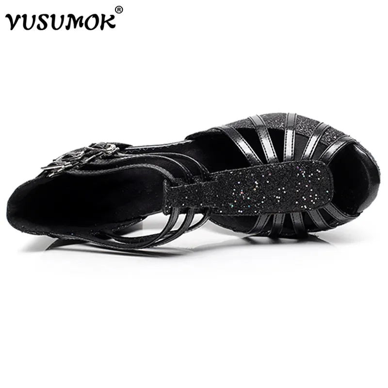 VUSUMOK Women Modern Tango Dance Shoes Girls Latin Velvet Net Dancewear Open Toe Square Lace Heels Plugs size33-43 | Спорт и