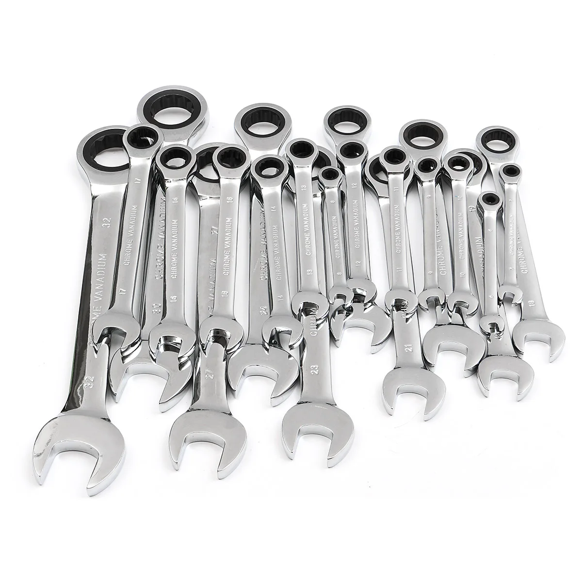 

6mm-32mm Steel Metric Ratchet Spanner Fixed Head Ratcheting Open End & Ring Chrome Vanadium Steel Mirror Polished