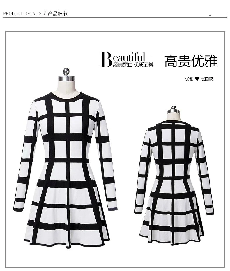 

Free shipping Fashion star long sleeved Plaid Wool Dress black and white plaid dress