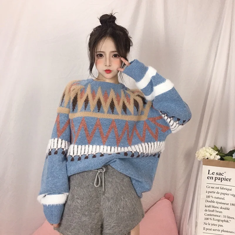 Lychee Girls Geometric Knitted Thick Women Sweater O Neck Long Batwing Sleeve Female Spring Autumn Preppy Style Pullover | Женская