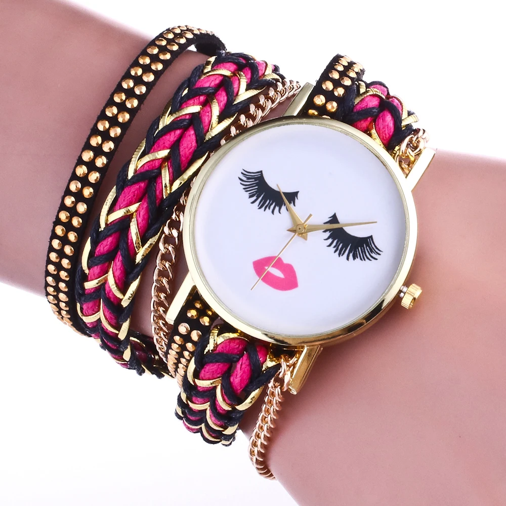 Модные Золотые женские часы браслет Заклёпки кожа сонные глаза красивые