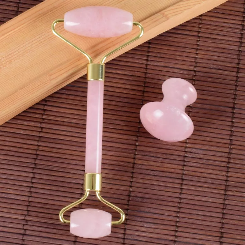 1 set 2 pieces Ролик для лица Gua Sha инструмент массажный набор Китай традиционный натуральный розовый кварц спа иглоукалывание выскабливание тела лечебный камень макияж - Цвет: 1 set 2 pieces