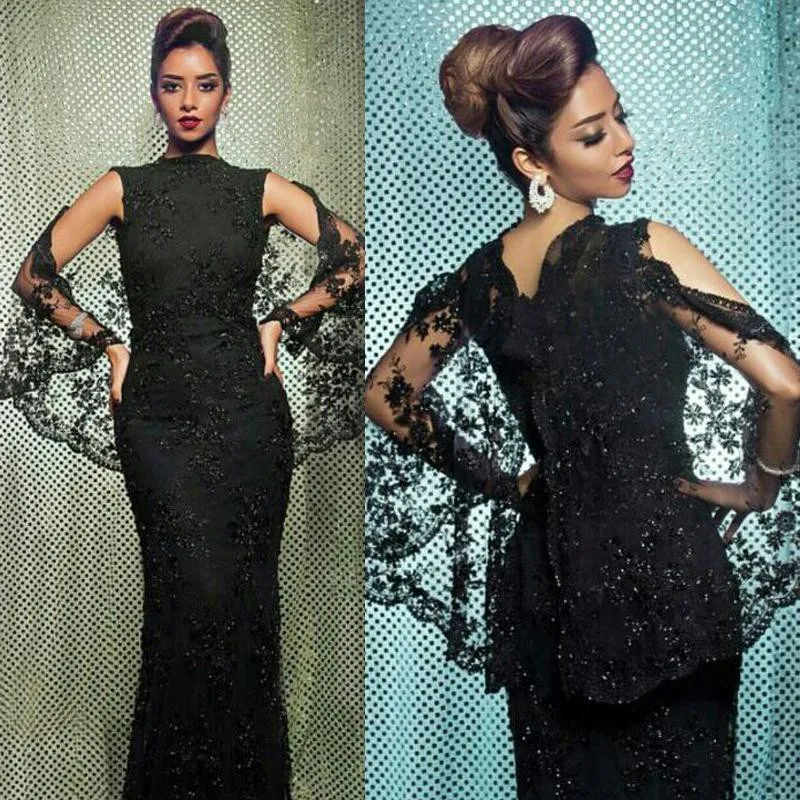 Элегантный черный длинные вечерние платья с шалью 2017 o шеи аппликации кружева