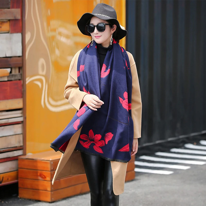 

Mingjiebihuo New fashion autumn and winter large floral scarf dual-use female wild long double-sided thicken warm wild shawl