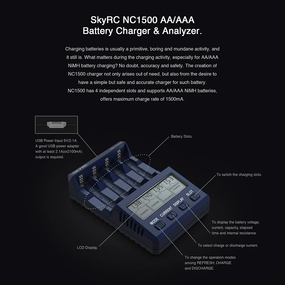 SKYRC NC1500 4 слотовое умное зарядное устройство для аккумуляторов разрядник и