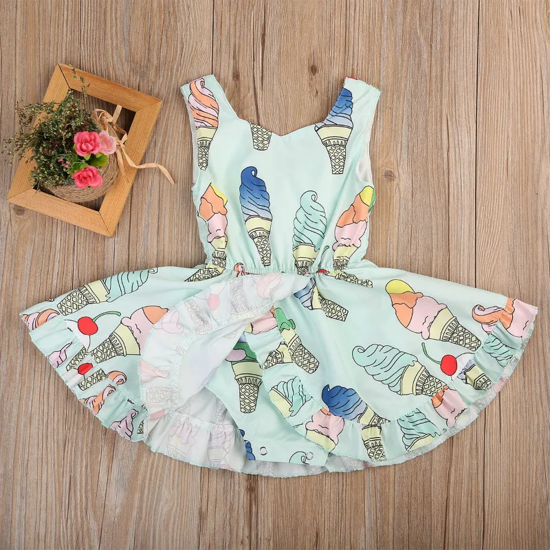 Cute Toddler Baby Girls Ice Cream Printed Dress Sleeveless Summer Sunsuit Bodysuit-style Girl Dresses Kid Clothes 0-4T | Детская одежда