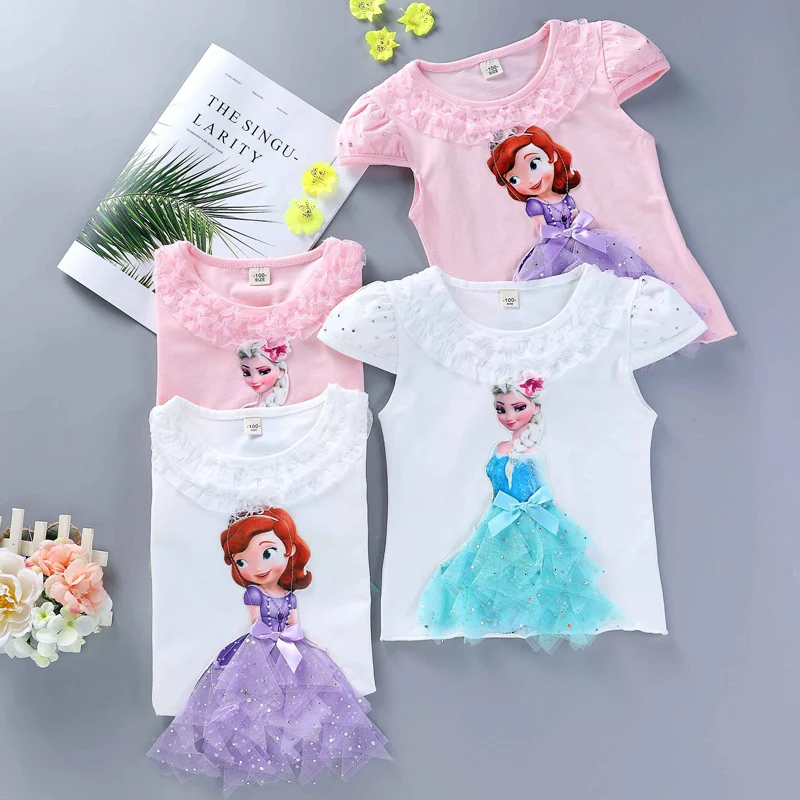 New Summer Girls Clothes Sets Cartoon Childen Cotton Tees Lace Princess T Shirt + Long Pants Leggings 3D Kids Clothing|Комплекты
