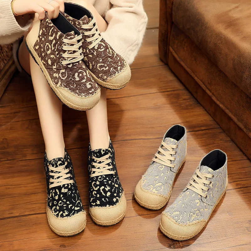 Fashion new leopard print women's shoes round head handmade straw thick-soled in the ancient style Hanfu women. | Обувь