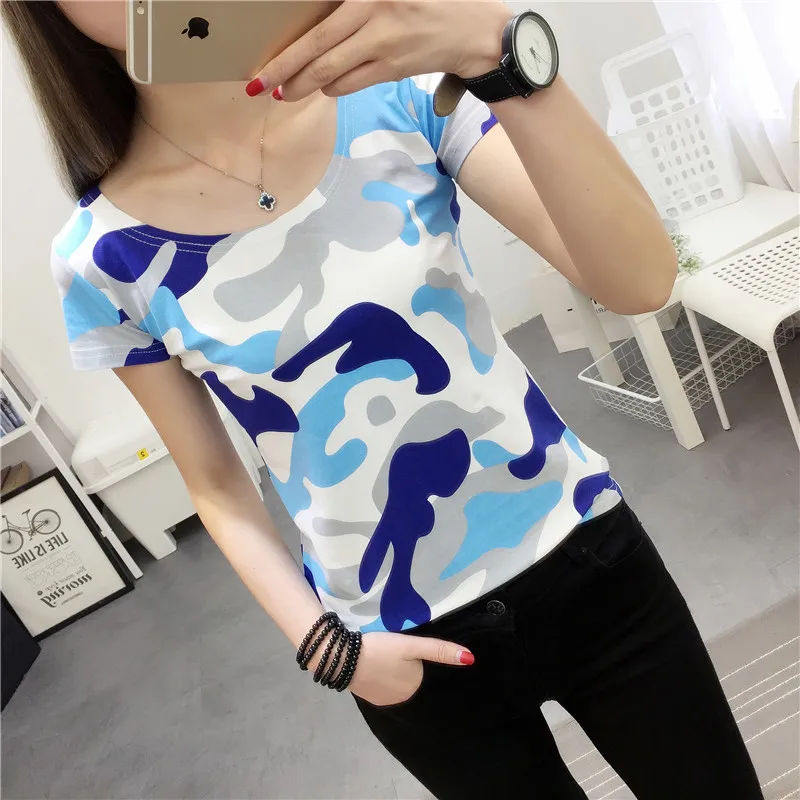 Женская футболка с коротким рукавом камуфляжная Повседневная круглым вырезом 2019