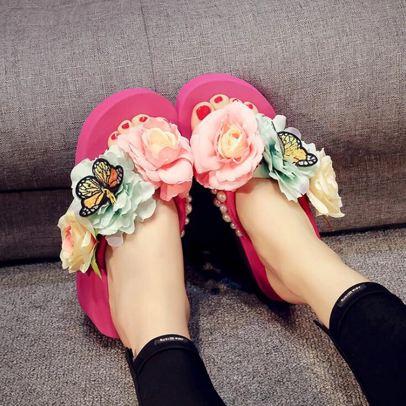 Сандалии женские с цветами ручной работы пляжные шлепанцы Повседневные тапочки