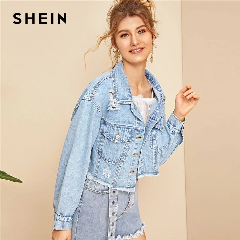 SHEIN Синие рваные потертые кромки хлопья укороченные джинсы куртка женская весна осень однобортный Повседневный износоустойчивые кардиганы куртки