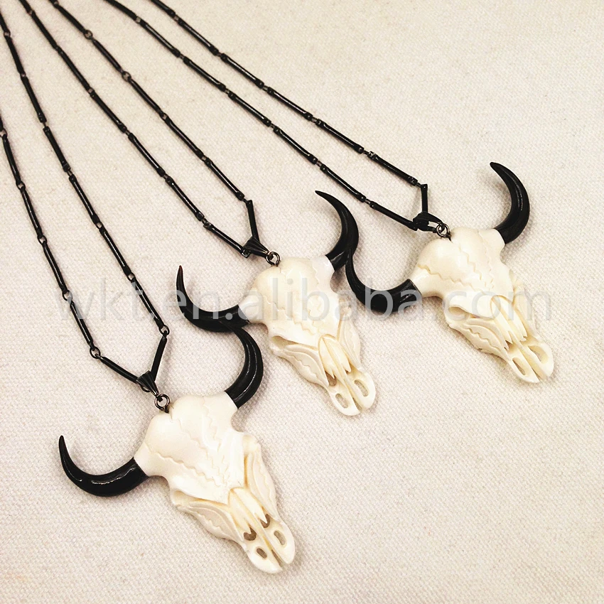 WT-N752 Newest Design Bone Carve Necklace Black Chain natural bone carved pendant with black gun plated chain necklaces | Украшения и