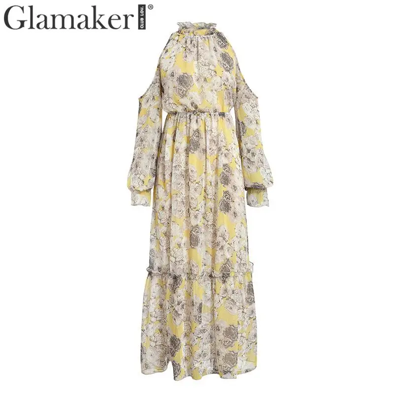 Glamaker сексуальный Высокий ворот, принт, длинное платье для женщин, элегантное свободное платье с высоким разрезом, летнее платье с длинными рукавами и оборками, женское вечернее платье для клуба - Цвет: color1