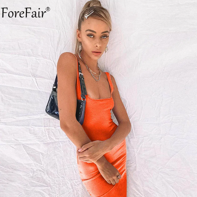Оранжевый ForeFair летнее неоновое платье с открытыми плечами и открытой спиной, женское сексуальное облегающее Клубное миди платье для вечеринок оранжевого цвета - Цвет: Оранжевый