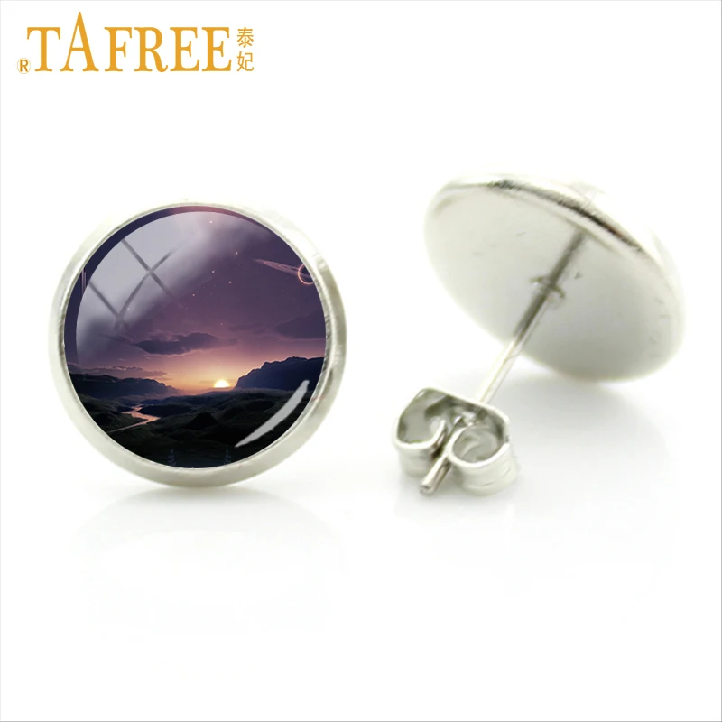 Женские серьги гвоздики со Звездами Галактики TAFREE стеклянные купольные в виде
