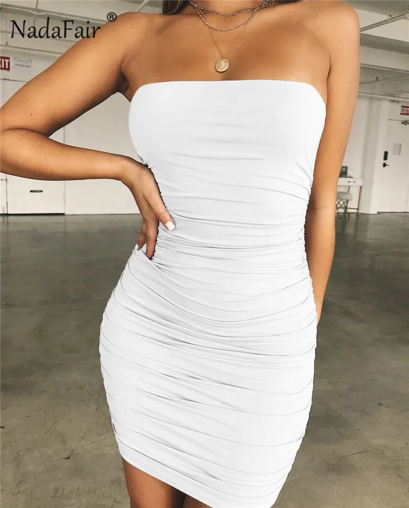 Nadafair сексуальное мини-платье с рюшами без бретелек, летнее черное белое мини-Клубное платье без рукавов, облегающее Бандажное платье