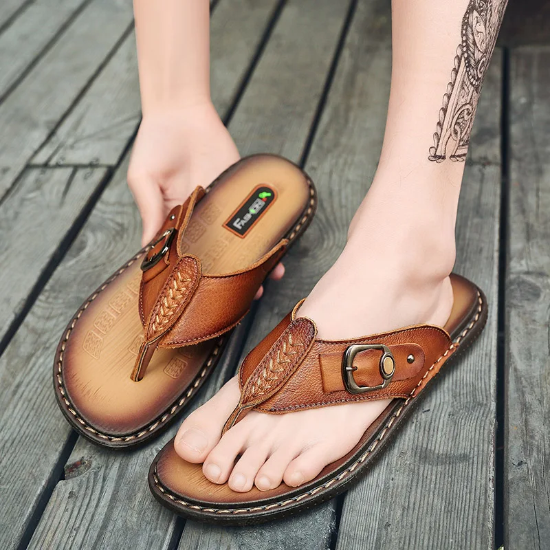 Шлепанцы TOSJC мужские из спилка повседневные пляжные сандалии с металлической