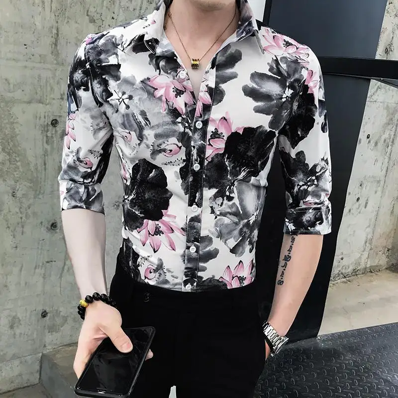 

LOLDEAL Men's Cropped Sleeve Shirt Printed Lotus Shirt, Cotton Slim Casual Men's Shirt
