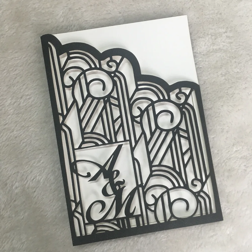 

Discount best sell laser cut vintage glitter black paper wedding invitation card with personalize logo invitations sample