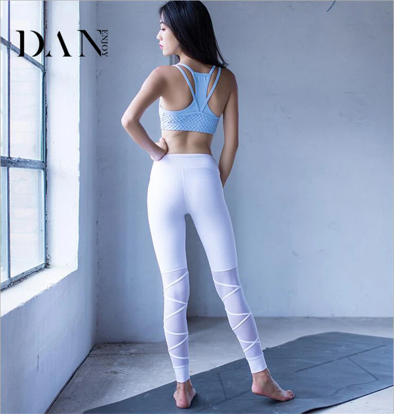 DANENJOY White Cross Fitness Athletic Leggings Black Strappy Mesh Patchwork Yoga Pants Sport Legging Nylon Dance Tights Workout | Спорт и
