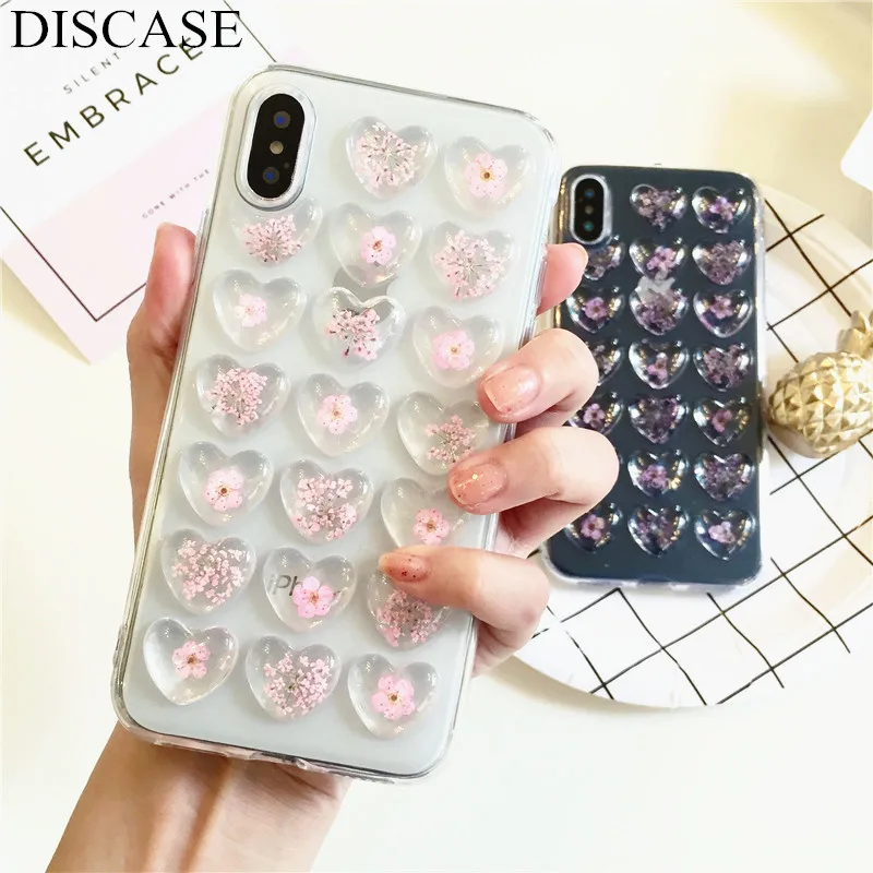 DIS чехол настоящие сухие цветы Сердце для телефона s iPhone XR XS Max X 6 6S 7 8 Plus мягкая