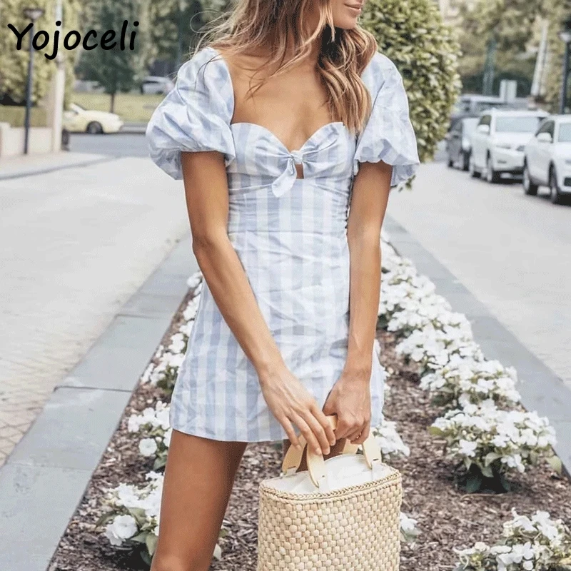 Женское клетчатое платье Yojoceli милое пляжное с квадратным вырезом и бантом