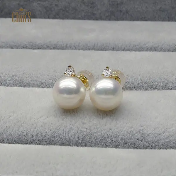 Серьги-пусеты с искусственным жемчугом Akoya 18 k желтое золото AAA белый 8 5-9 мм |