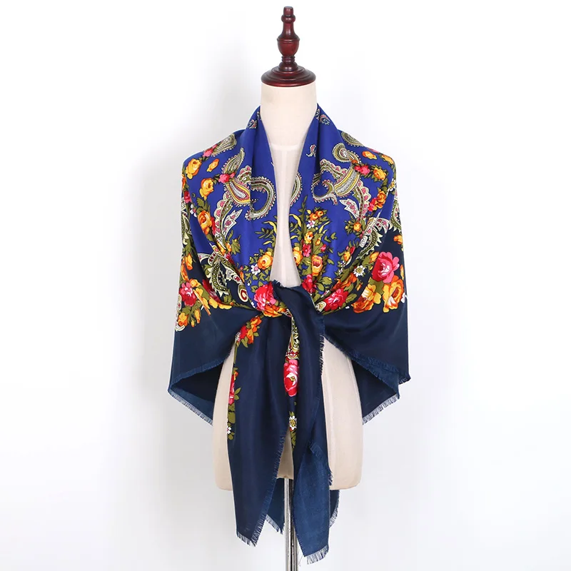 [FAITHINK] 140cm Women Square Travel Scarf Shawl Lady Traditional Floral Designer Wrap Stole Winter Warm Poncho Cotton scarf | Аксессуары