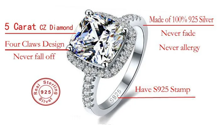 Женское кольцо из серебра 100% пробы с фианитом 4 карата|ring for women size|wedding rings women925