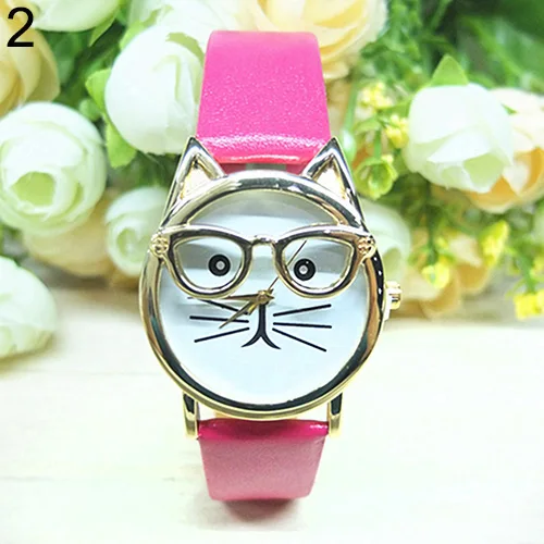 

Women's Men's Cute Glasses Cat Case Faux Leather Analog Quartz Bracelet Wrist Watch top-sale