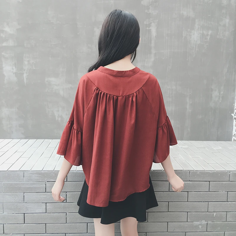 2017 NEW FASHION LOOSE WOMEN FLARE SLEEVES BLOUSE 3/4 SLEEVE LADY TOPS V-COLLAR BURGUNDY CHIFFON SHIRT FREE SIZE |