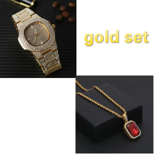 gold set Роскошные мужские золотые часы в стиле хип-хоп и красный рубин ожерелье комбинированный набор ледяная кубинская цепь кулон набор Bling Rapper хип-хоп ювелирные изделия - Цвет: gold set