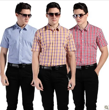 Elegant blue spring summer new men's Korean cultivating cotton plaid short-sleeved shirt casual tide | Мужская одежда