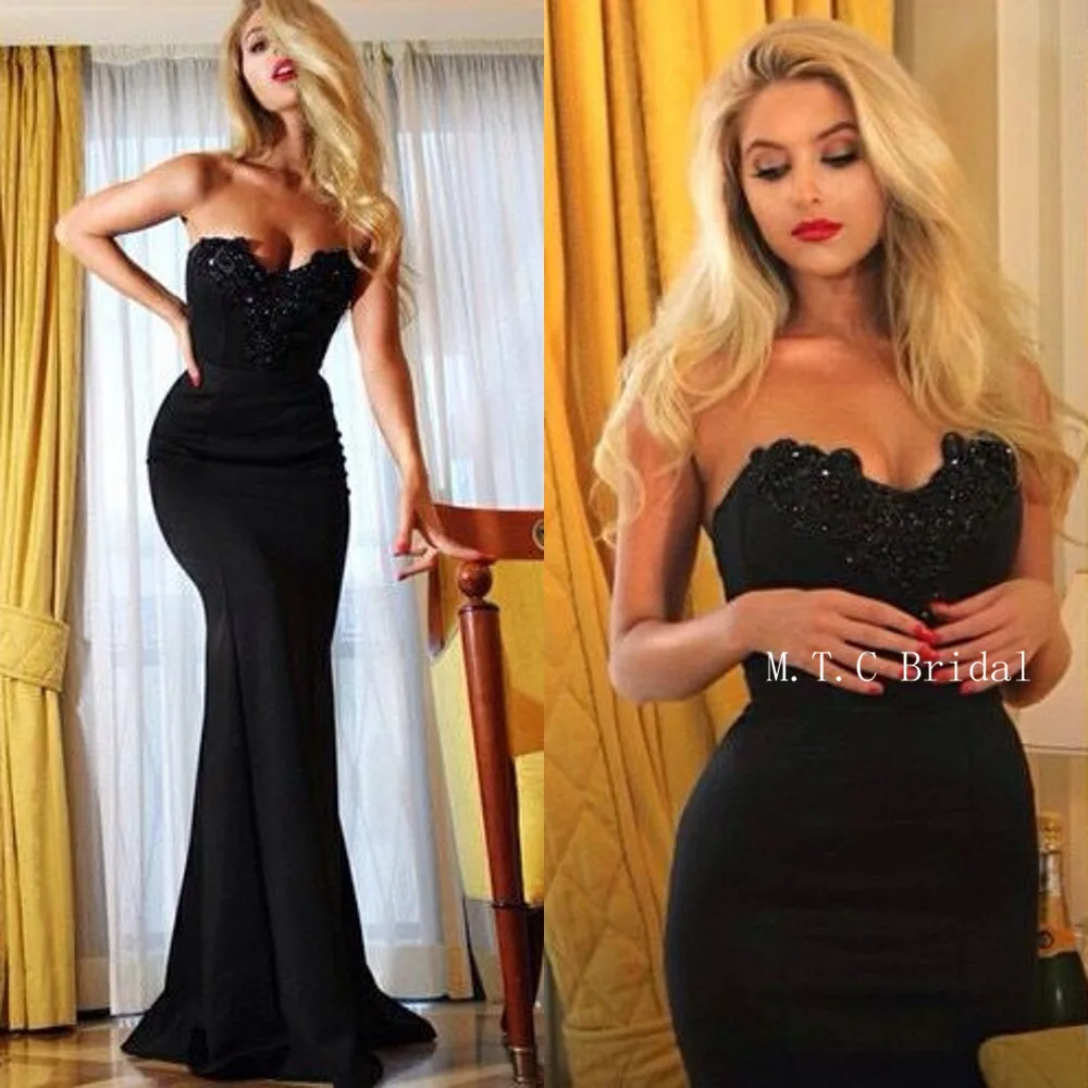 

Black Mermaid Long Prom Dresses Strapless Floor Length Beaded Appliques Elastic Satin Formal Evening Gown 2019 Cheap Party Dress