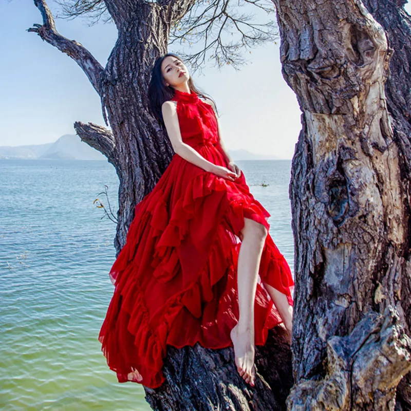 Мальдивский красный Sen девочка нерегулярные листья бархатное платье морской