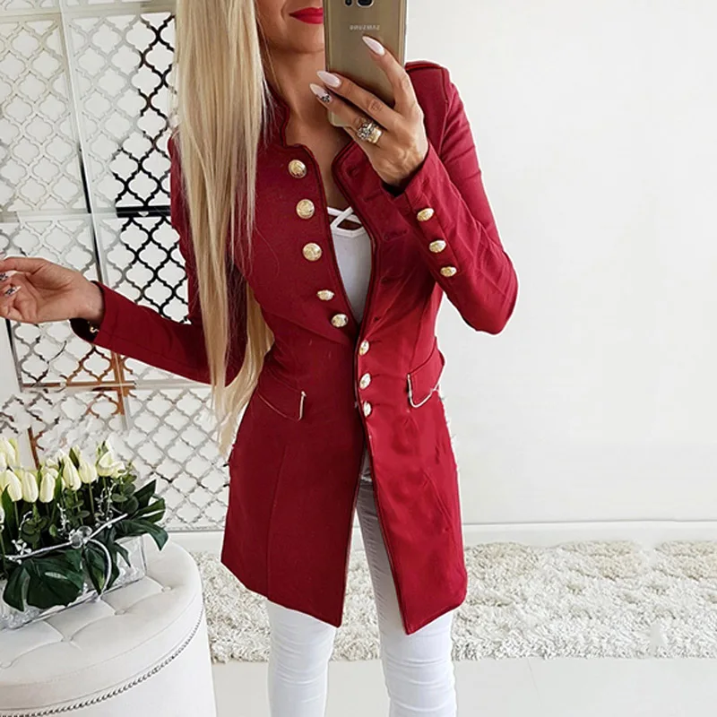 Autumn Double Breasted Suit Coat Women Elegant Slim Suits Jacket Winter Outwear V Neck Long OL Office Lady 2020 Black Red | Женская