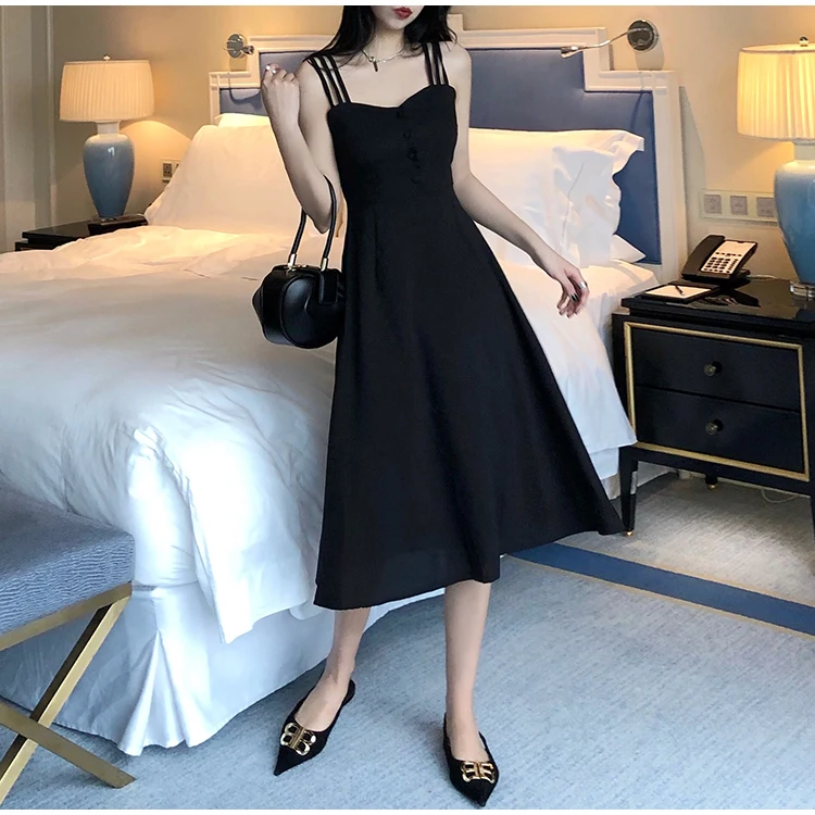 Hong Kong-style retro off-the-shoulder waist slim slimming women's Hepburn black strap dress | Женская одежда