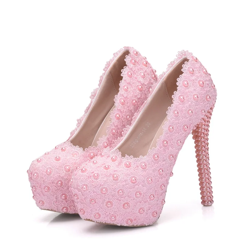 

Foreign trade large size waterproof platform women's high heels round head pearl shoes white lace wedding shoes wedding shoes