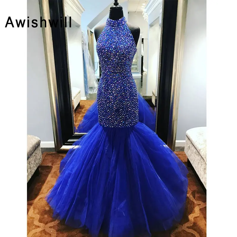 

New Arrival 2019 Vestidos de Graduacion Largos Halter Beaded Tulle Floor Length Royal Blue Prom Dress Long Mermaid Evening Dress