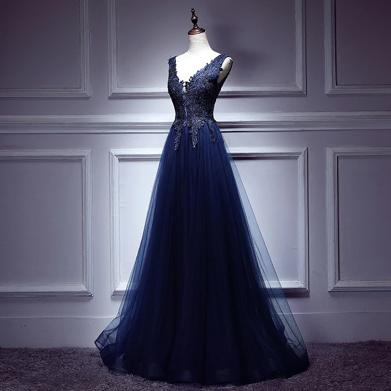 2020 Vestido De Festa Sexy Navy Blue Evening Dresses V Neck Sleeveless Appliques Party Gowns Women Formal | Свадьбы и торжества