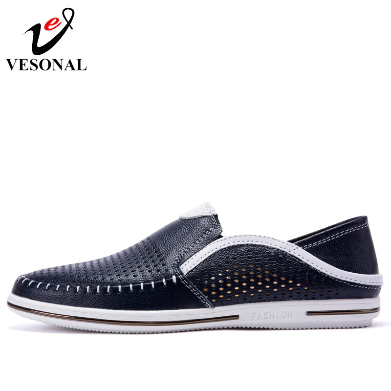 VESONAL Summer Hollow Out Breathable Genuine Leather Casual Male Shoes For Men Adult Loafers Slip On Sneakers Driving Moccasins | Обувь