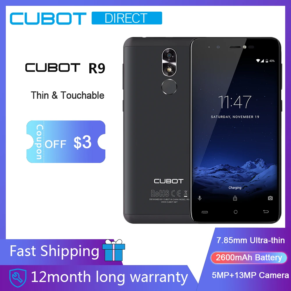 Cubot R9 мобильный телефон Android 7,0 Dual SIM карты 5," Дисплей смартфон MT6580 Quad-Core 2 Гб+16 Гб 13.0MP Камера 2600 мАч Батарея
