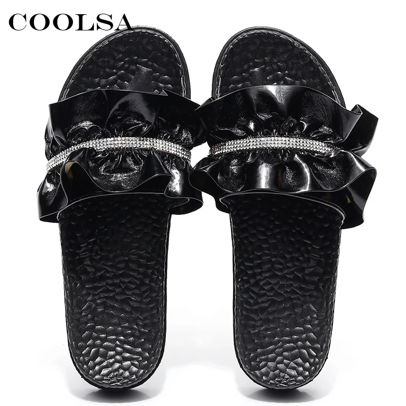 COOLSA/Лидер продаж; летние женские шлепанцы со стразами; домашние тапочки на плоской подошве со складками и цветами; повседневные женские пляжные сандалии; домашняя обувь
