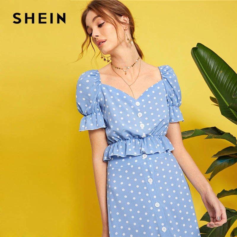SHEIN топ с баской и юбкой в горошек, на пуговицах спереди, с рюшами, весна-лето, с пышными рукавами, синий милый женский комплект из двух предметов