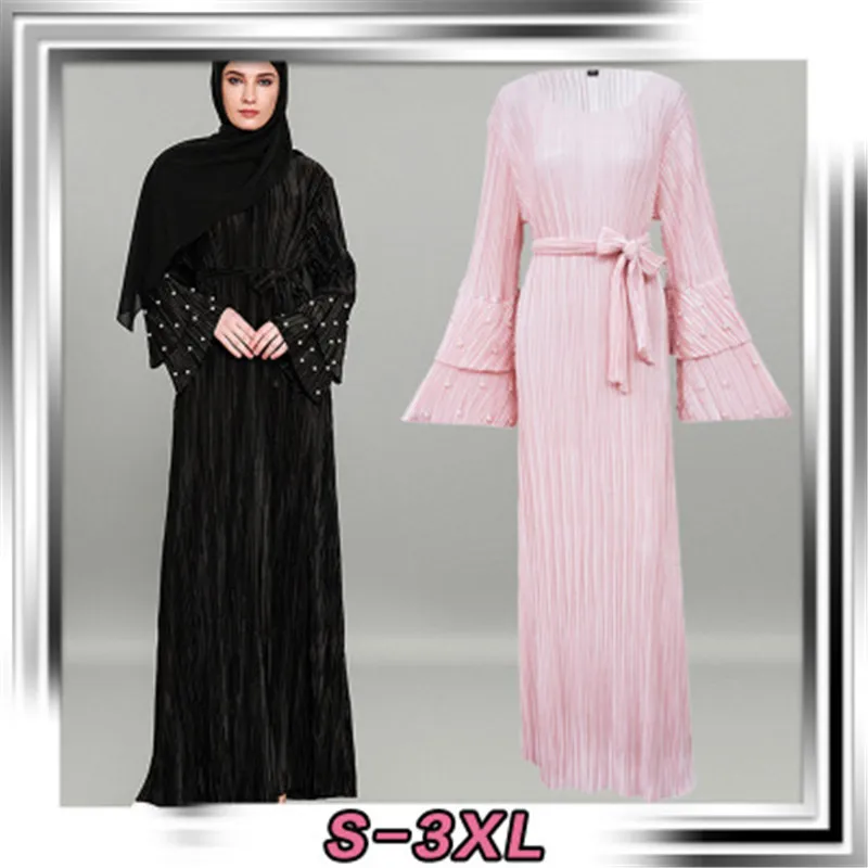 Muslim Long Sleeve Maxi Abaya Pearls design Dress Solid Color Islamic Clothing Elegant Turkish Robe Sexy Party Dresses | Тематическая
