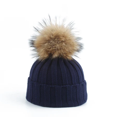 Большой Мех Pom pom Beanie шапки дети девочки мальчики теплая вязаная зимняя детская шапка настоящий енот шапка с меховым помпоном - Цвет: navy