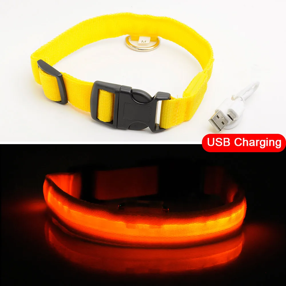 Yellow USB Charging Зарядка через usb светодиодный ошейник для собак, функция "антипотеря/Избегайте автомобильной аварии, ошейник для собак, щенков, ошейник LED снабжение товары для домашних животных - Цвет: Yellow USB Charging
