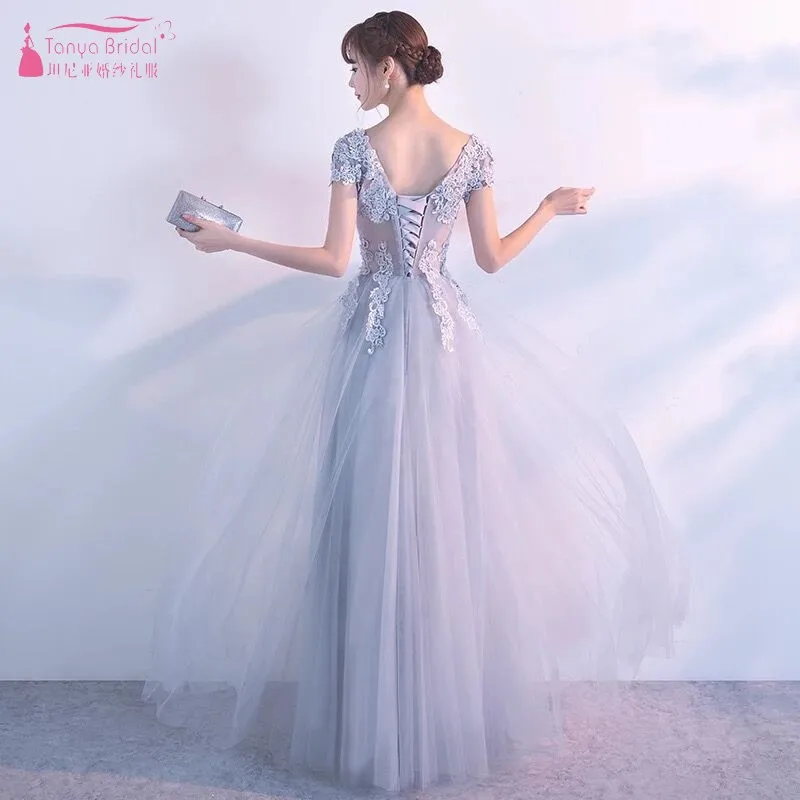 

Navy Blue A Line Lace Bridesmaid Dresses 2018 Simple Long Silvery Wedding Guest Dress For Prom Party Women Formal Dress JQ50