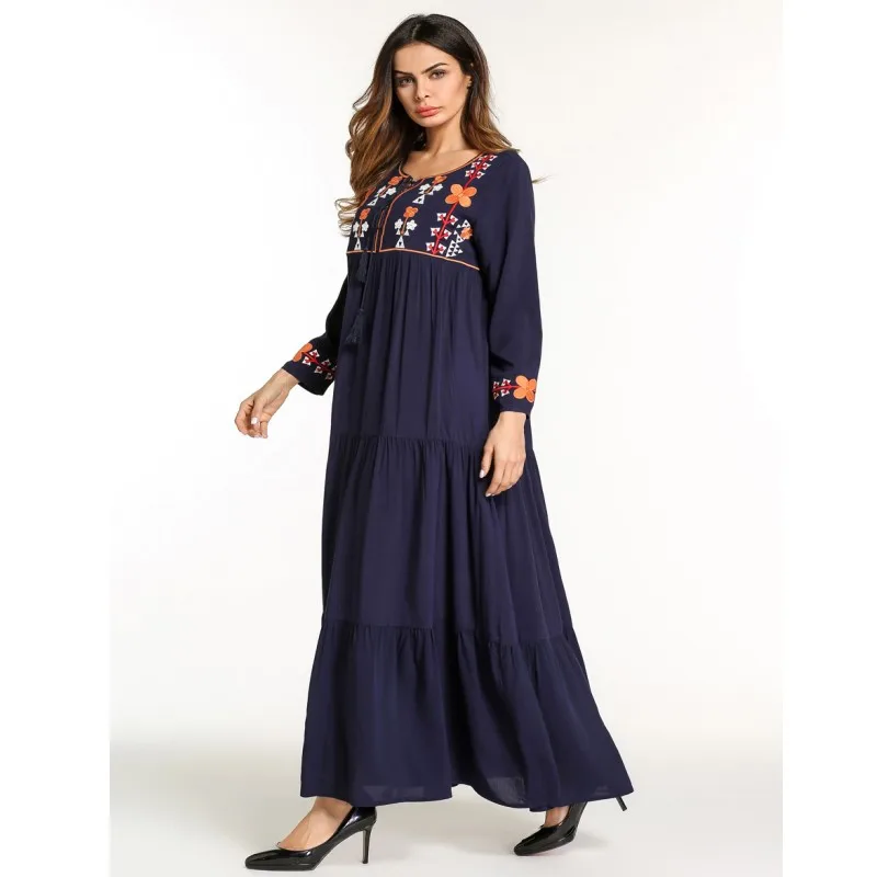 Muslim Women Autumn Dress Middle East Embroidered Ethnic Style Vintage Elegant Large Size Clothing Long Sleeve Maxi Casual | Женская