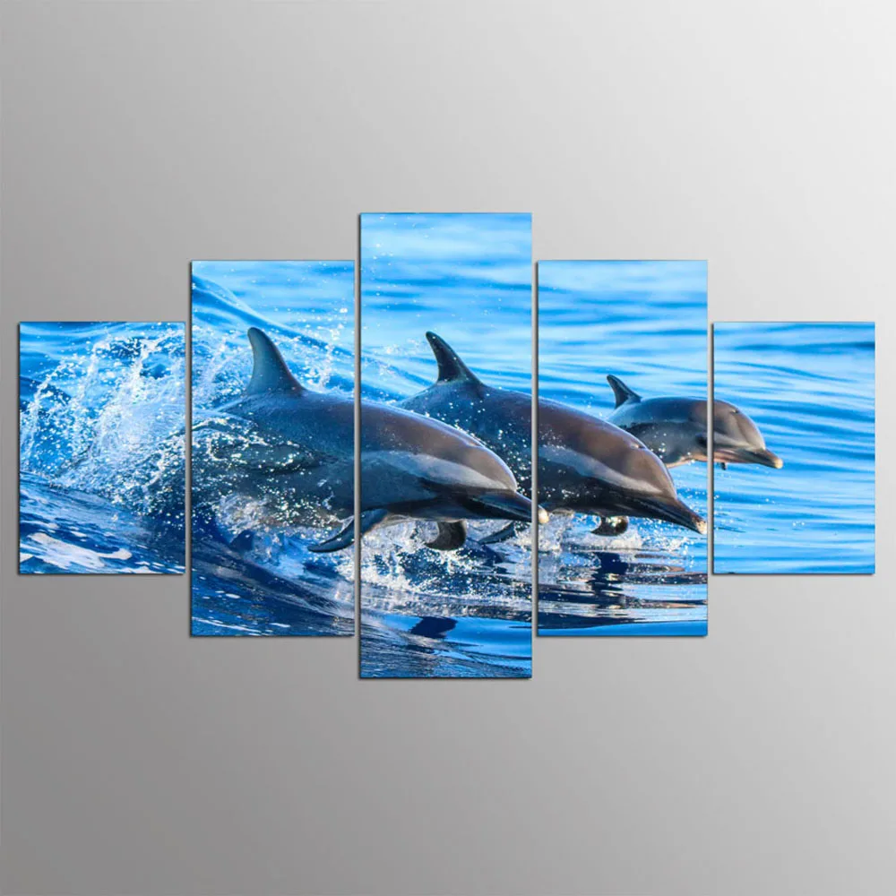 

HD Printed 5 Piece Blue Ocean Jumping Dolphin Wall Pictures for Living Room Modern Posters and Prints Free Shipping IM-472